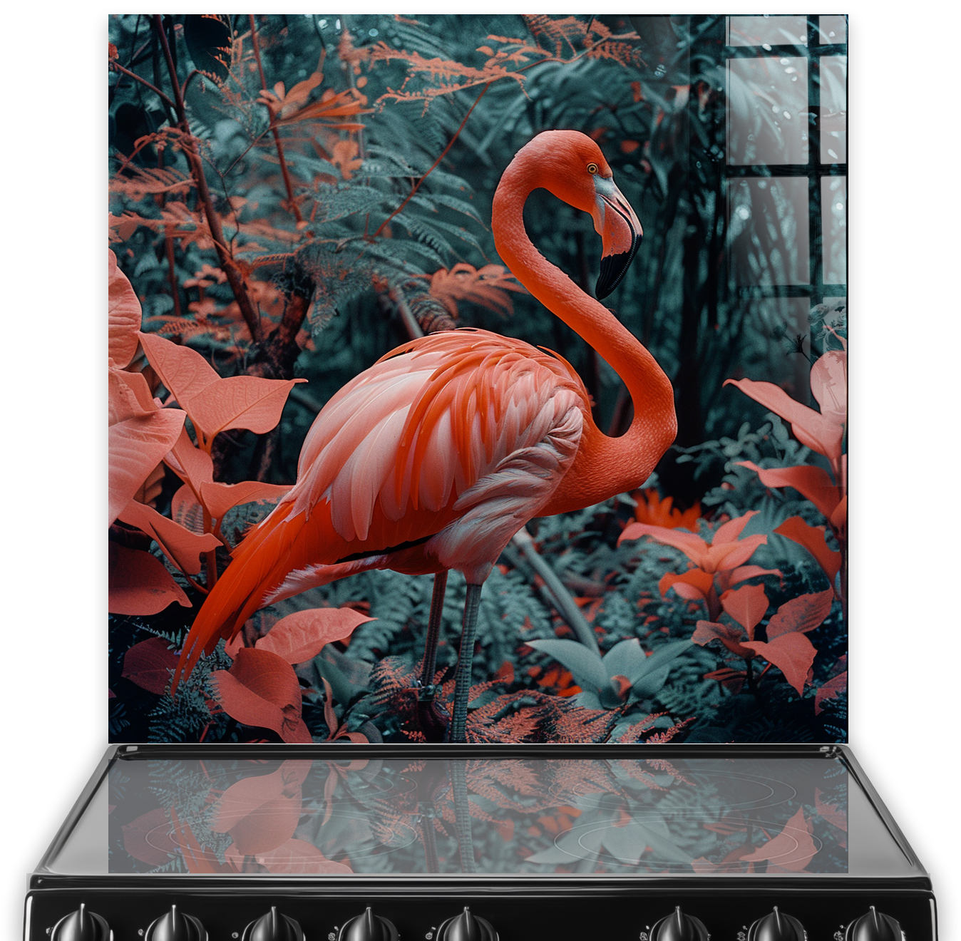 Vibrant coral flamingo against a monochromatic backdrop on a printed kitchen splashback