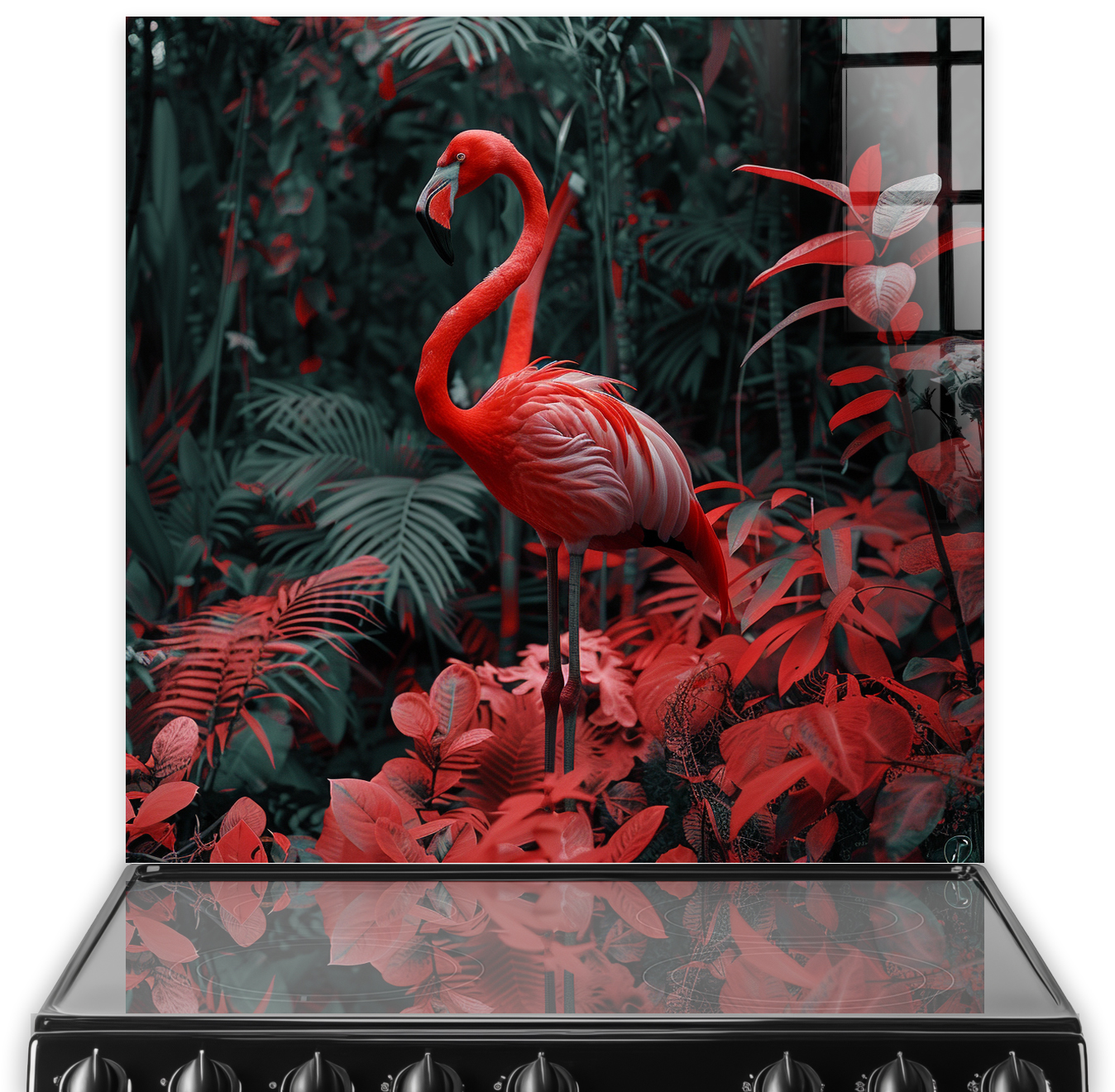 Striking Jungle Flamingo printed splashback with a vibrant pink flamingo against a greyscale tropical backdrop for kitchen decor