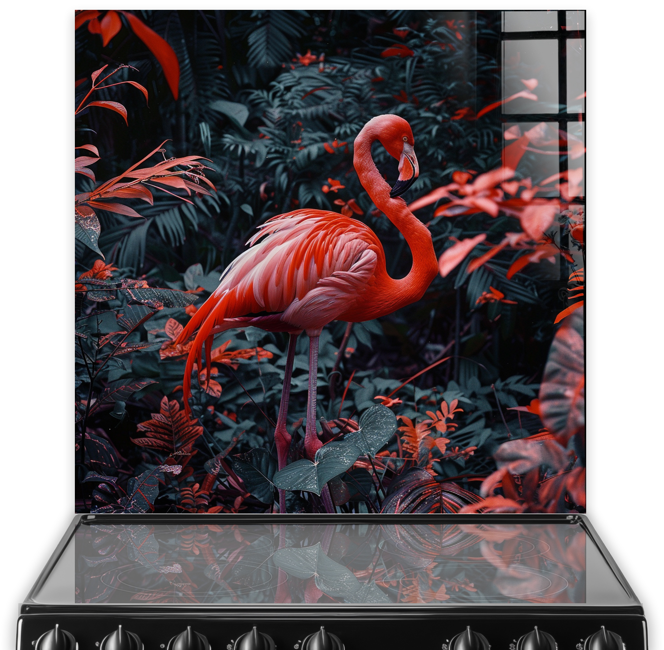 A vibrant coral-pink flamingo against a dark tropical foliage backdrop on a kitchen splashback