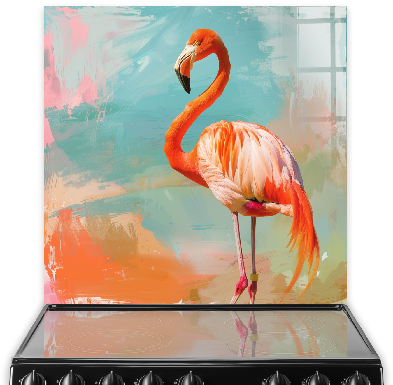 Colourful flamingo painted glass splashback art above cooker hob