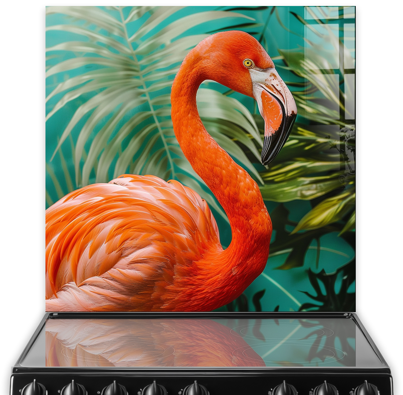 Flamingo splashback art with green tropical leaves backdrop
