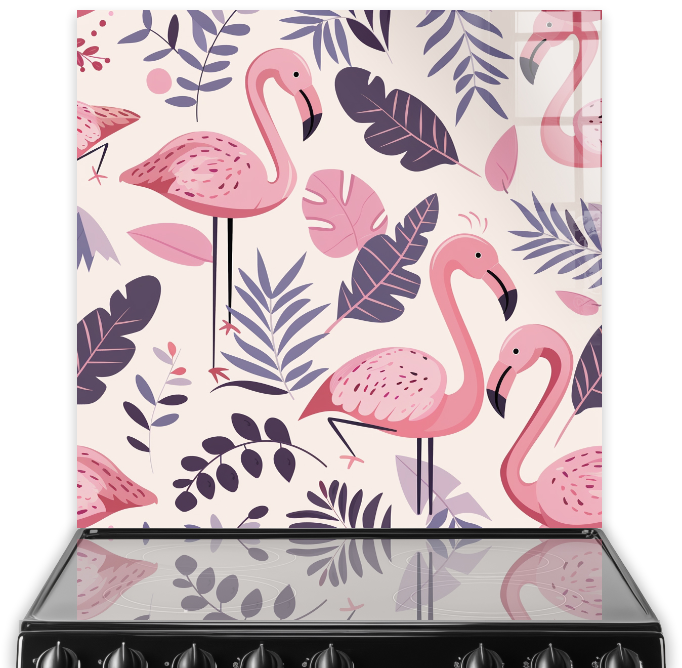Tropical Flamingos Pattern splashback with pink flamingos and botanical motifs on pastel background for kitchen decor
