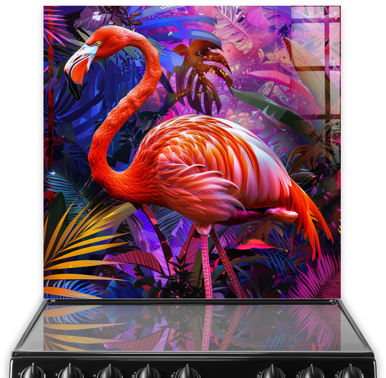 Lush vibrant flamingo amidst colourful tropical foliage on printed kitchen splashback