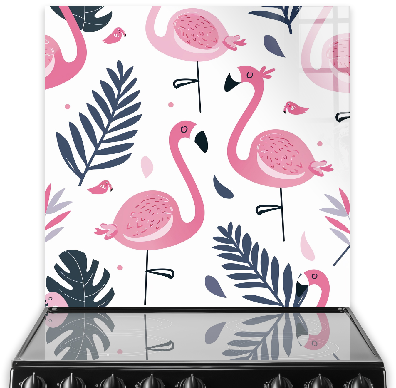 Vibrant pink flamingos amidst tropical foliage on a white glass splashback
