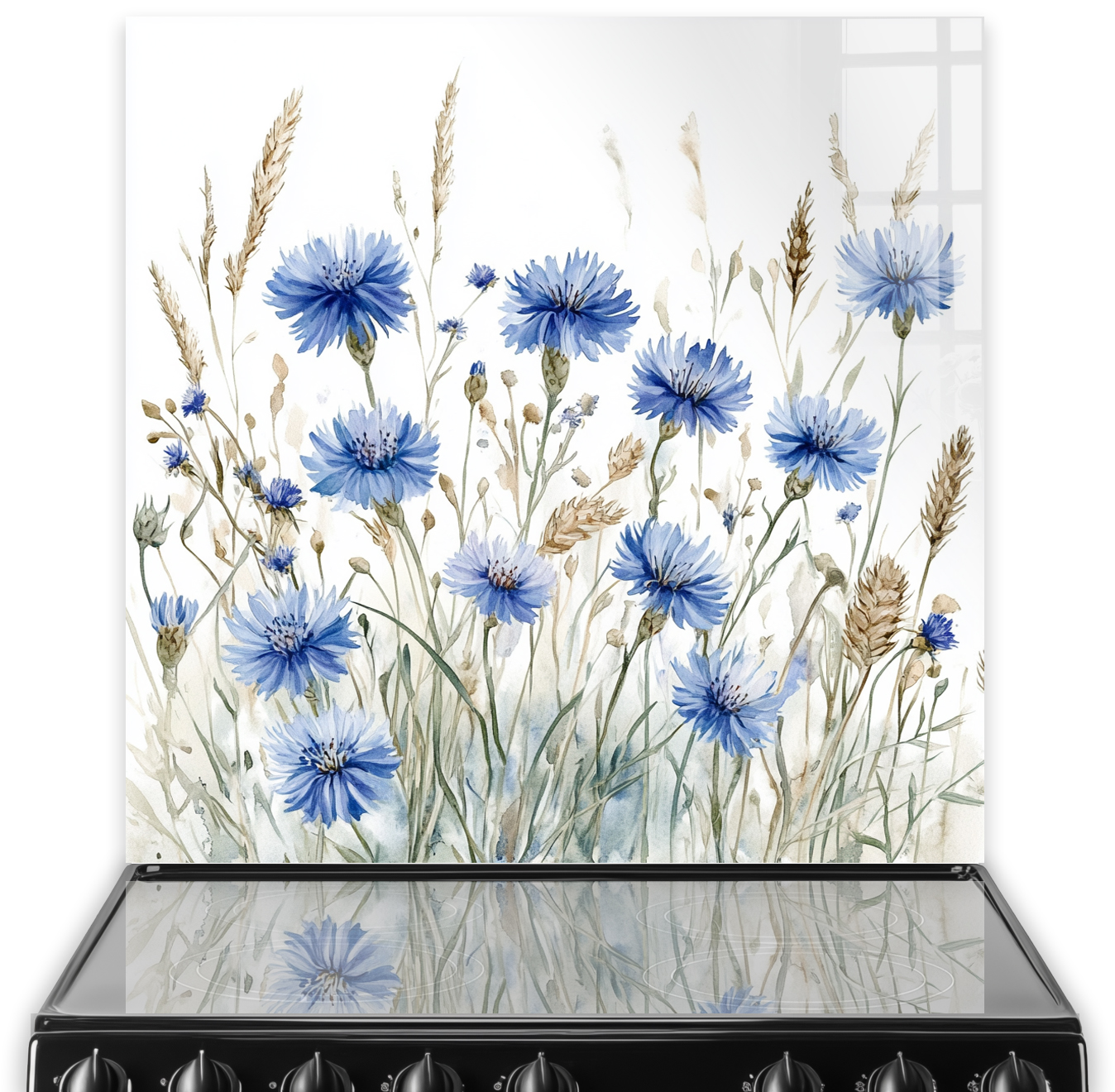 Cornflowers Charm splashback with vivid blue flowers and wheat over a modern stove