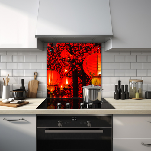 Red Chinese lanterns and a red tree splashback image.