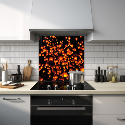 Splashback of hundreds of Chinese lanterns lit up at night.