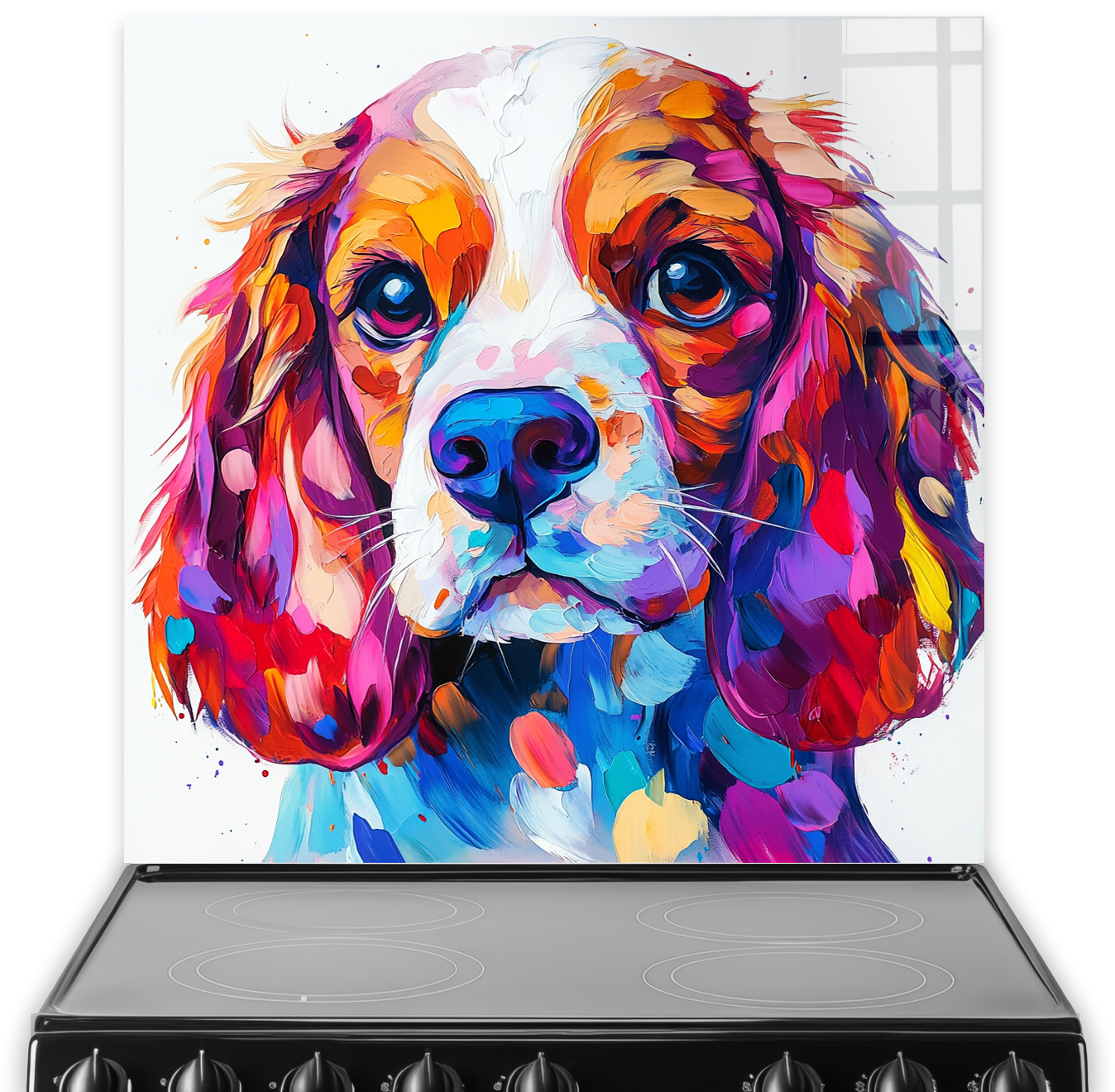Colourful cocker spaniel splashback art with vibrant reds, oranges, blues, purples, and pinks.