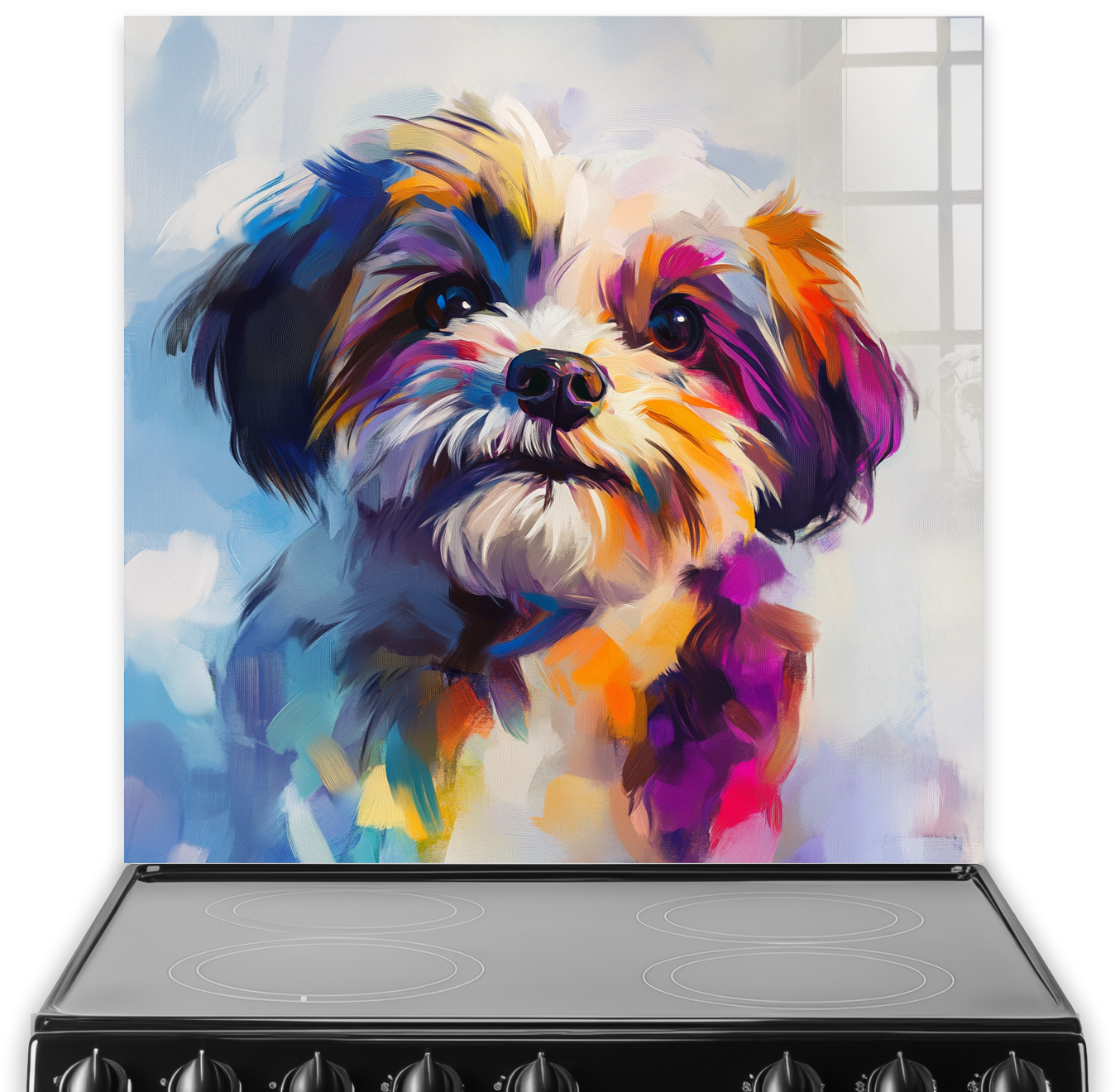Colourful Shih-Tzu splashback art in blues, oranges, purples, and whites.