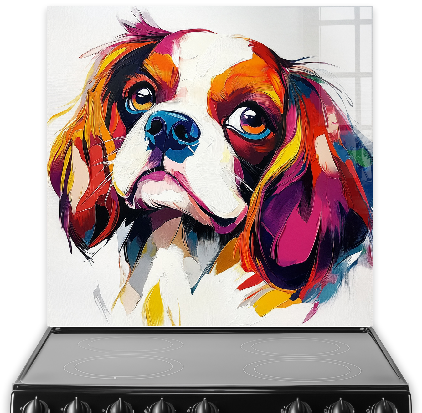 Colourful painterly Cavalier King Charles Spaniel splashback art.