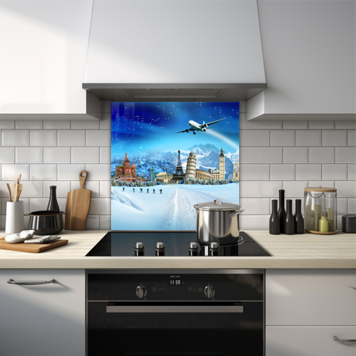 Landmarks around the world on a winter scene splashback.