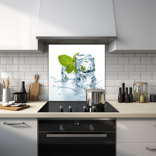 3 melting ice cubes with mint leaves glass splashback.