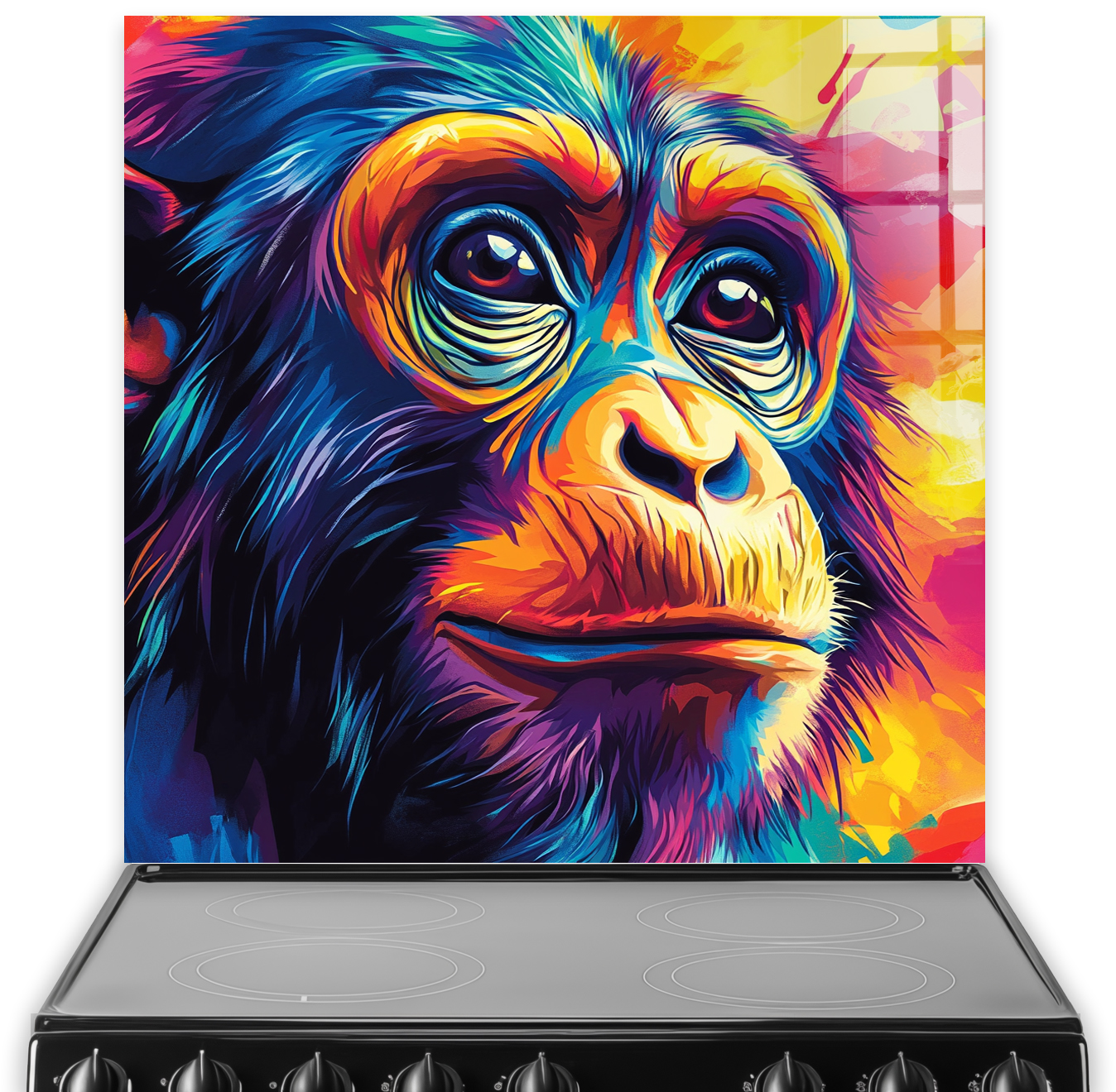 Colourful chimpanzee art splashback with vivid blues, oranges, yellows, and reds.