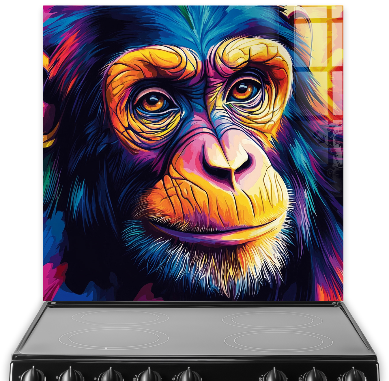 Colourful pop art style monkey splashback with vibrant blue, orange, yellow, pink, and purple hues.
