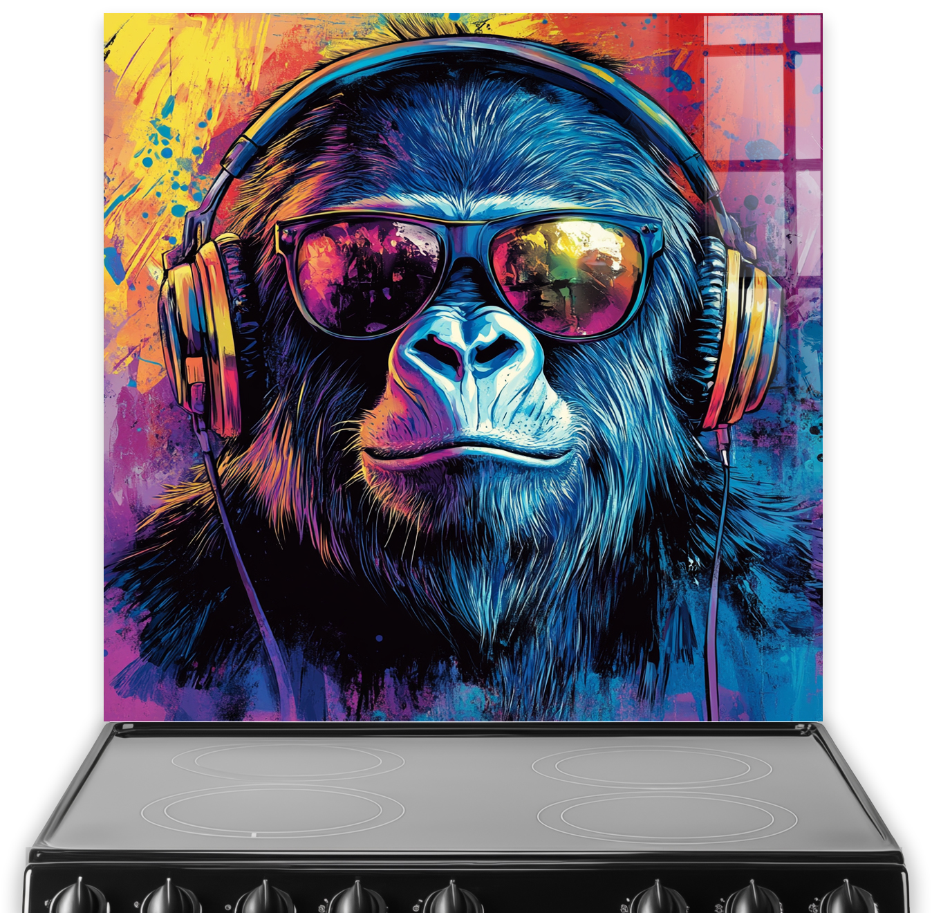 Gorilla wearing sunglasses and headphones in vibrant pop art style with colourful background.
