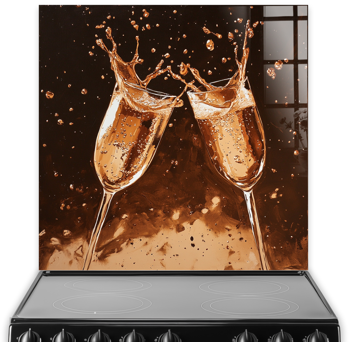 Art of clinking Champagne Flutes with golden splash. Featured on a rich dark brown background