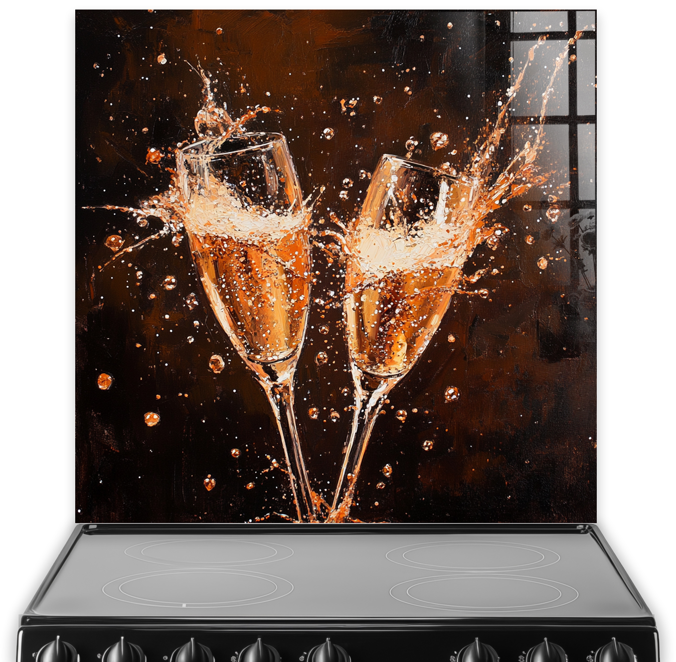 Two champagne flutes with splashing liquid on a dark background, showcasing a dynamic and elegant art style.