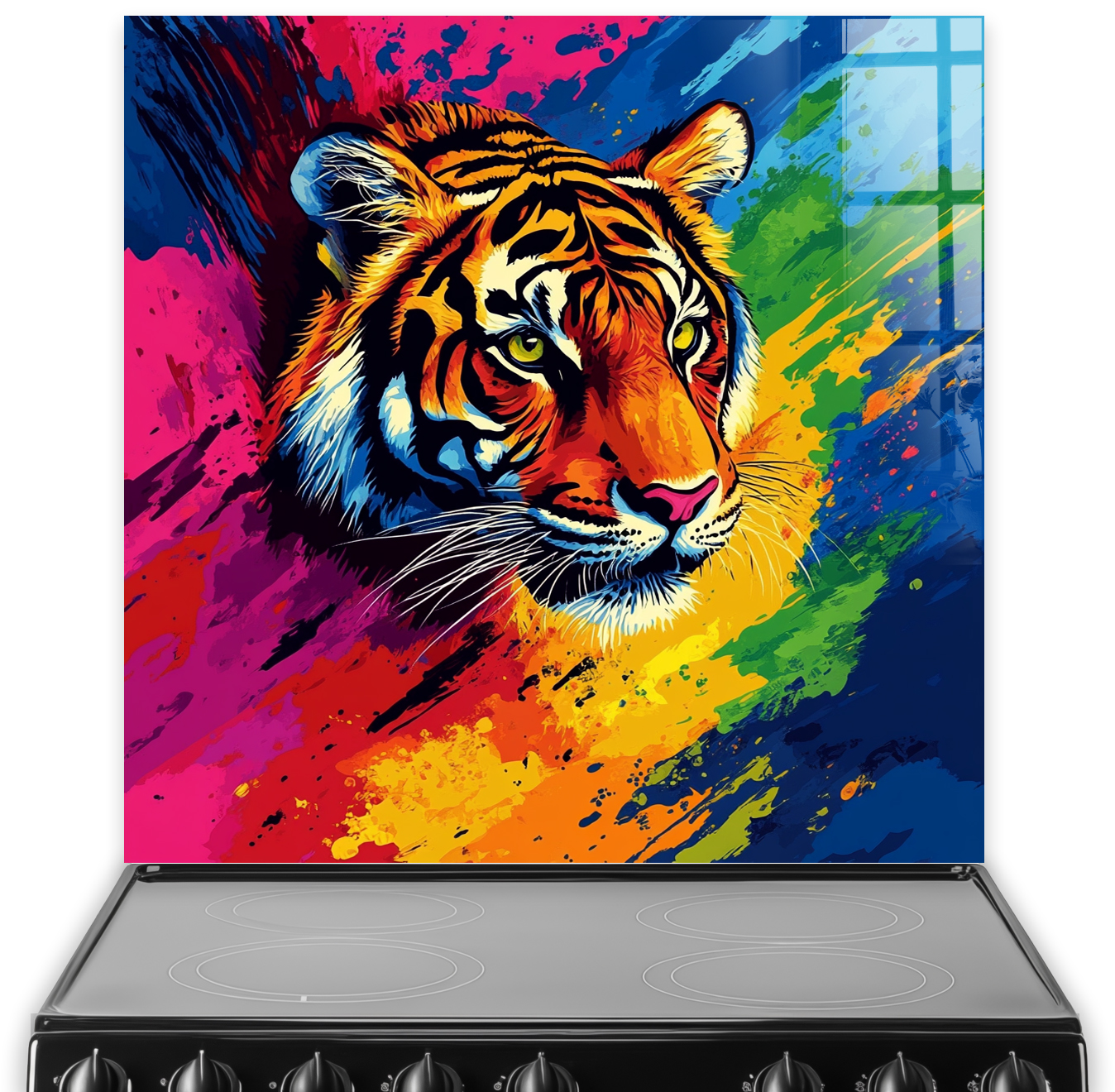 Colourful tiger splashback with bold paint strokes