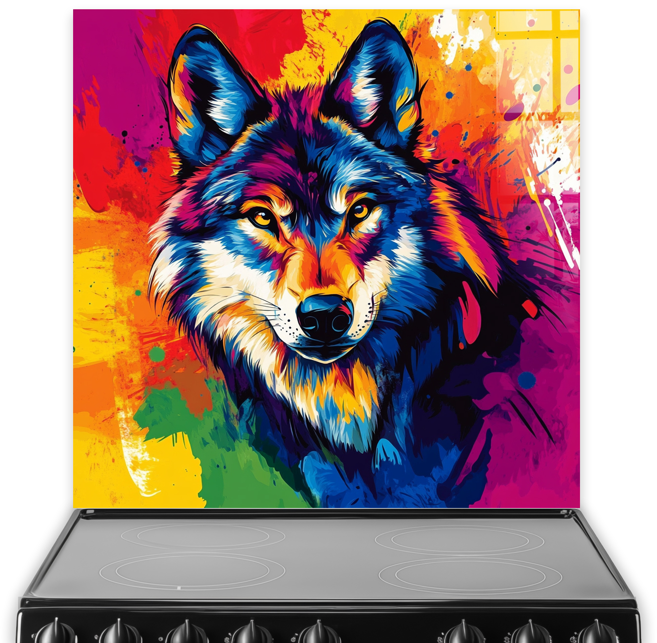 Colourful pop-art style wolf splashback in vivid rainbow colours