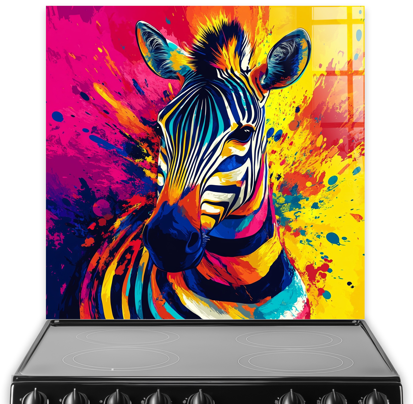 Colourful zebra splashback in abstract paint-splatter art style