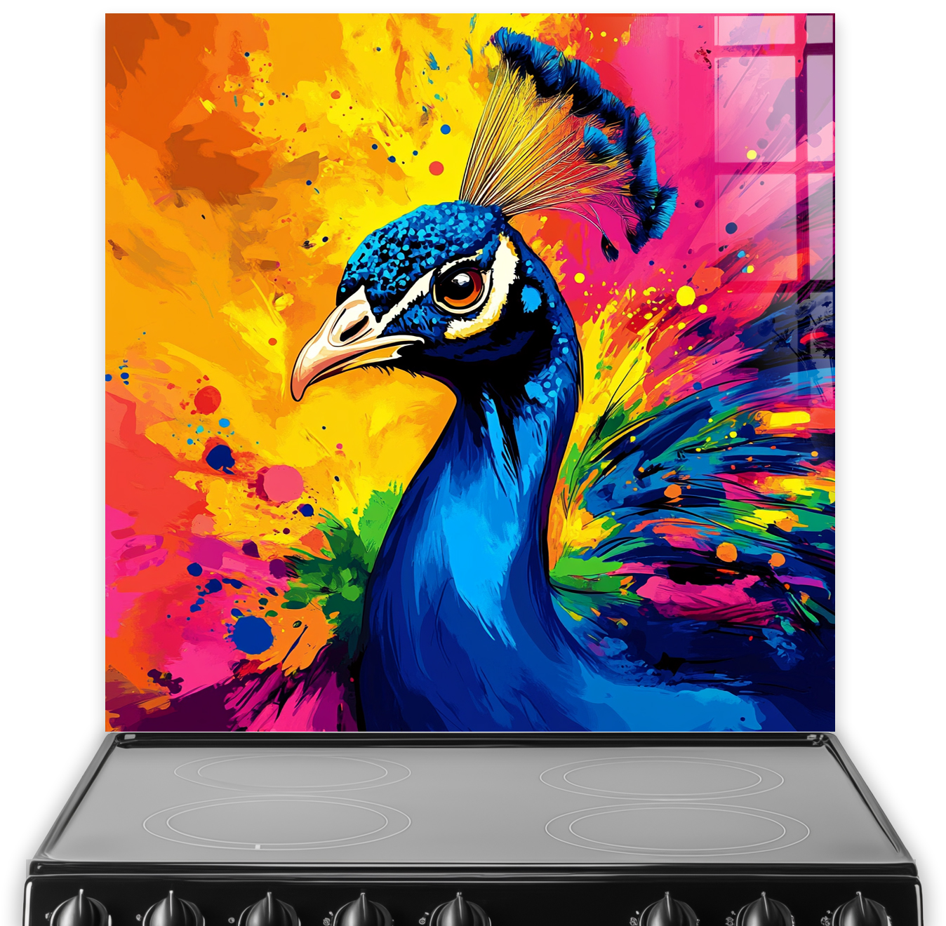 Colourful abstract peacock splashback with bold brush strokes