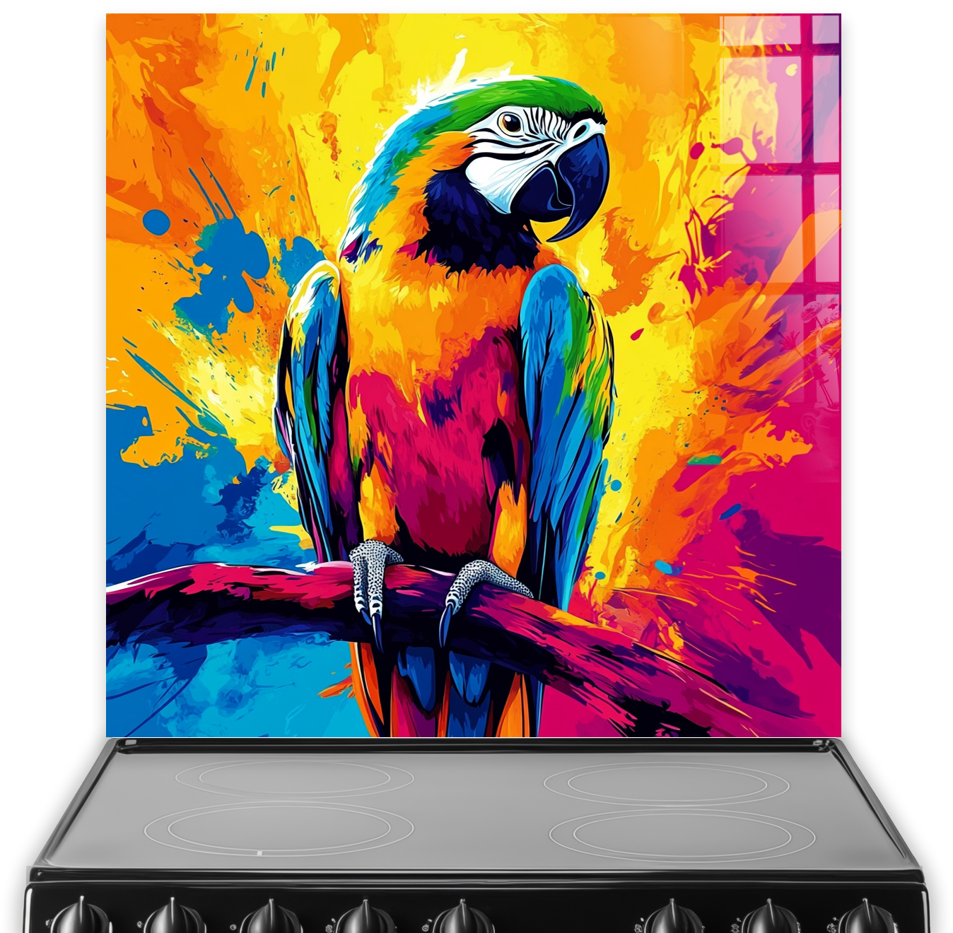 Colourful digital art parrot splashback with vibrant splashes and pop art style