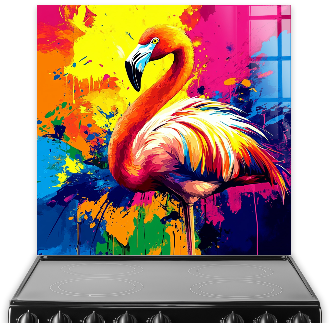 Colourful flamingo splashback with abstract paint splashes