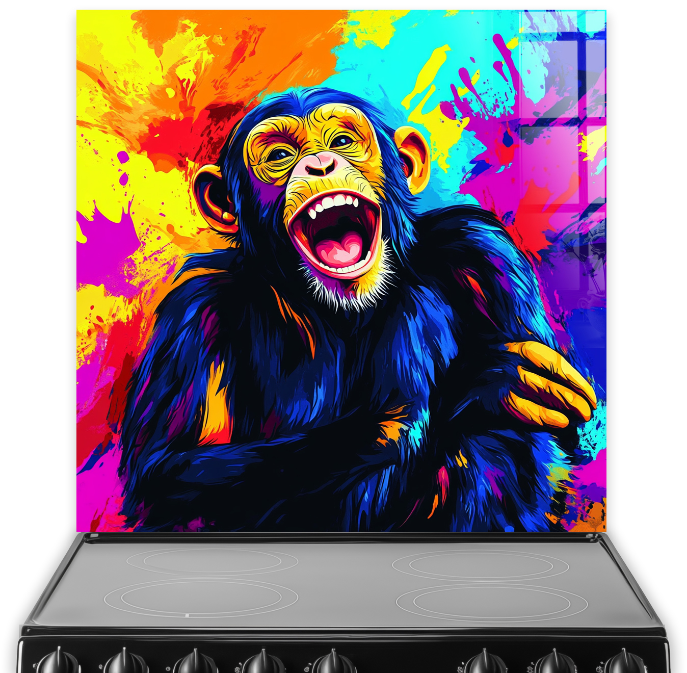 Colourful pop art chimpanzee splashback with vibrant blue, yellow, orange, pink, and purple splashes