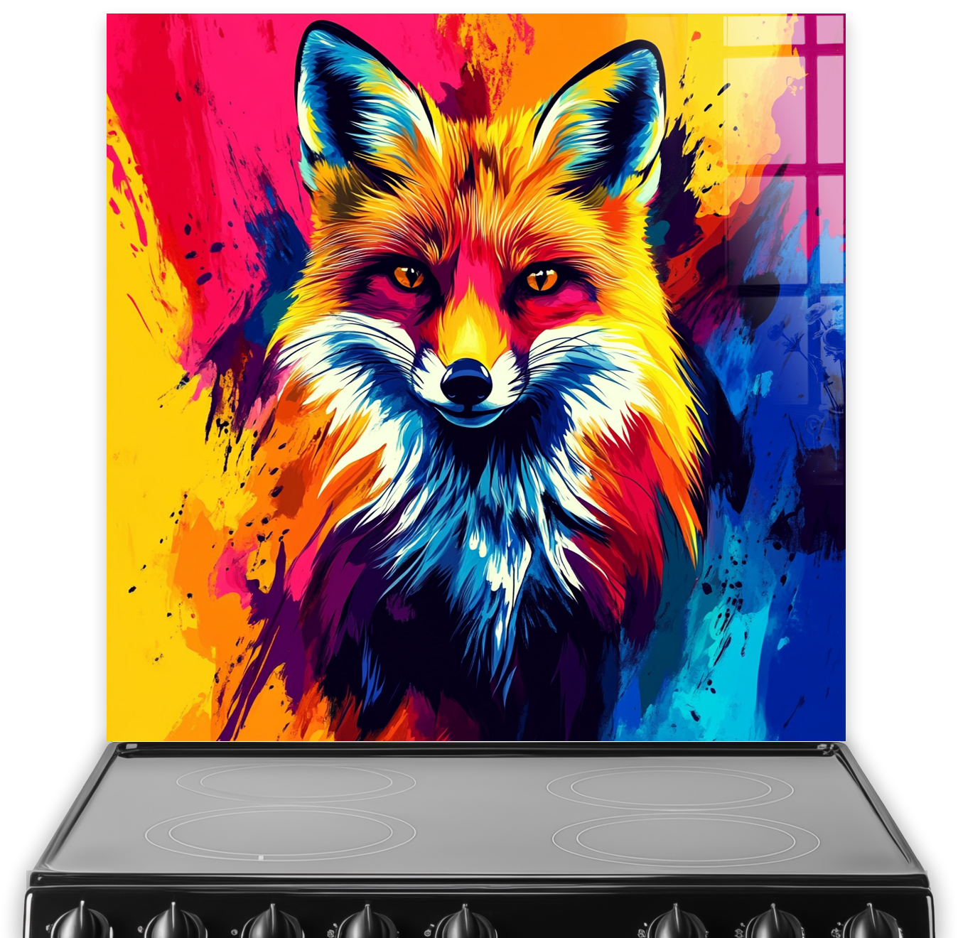 Colourful fox pop art printed kitchen splashback vivid red yellow blue