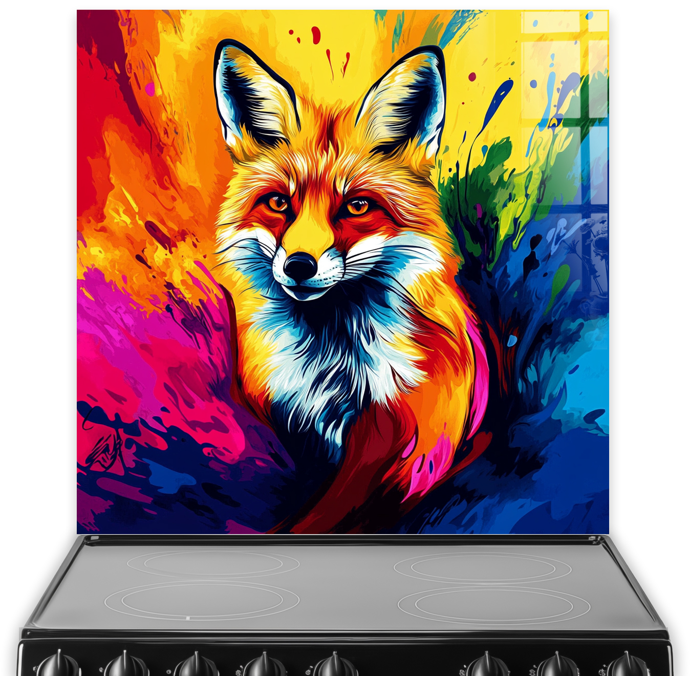 Colourful artistic fox splashback for kitchen décor