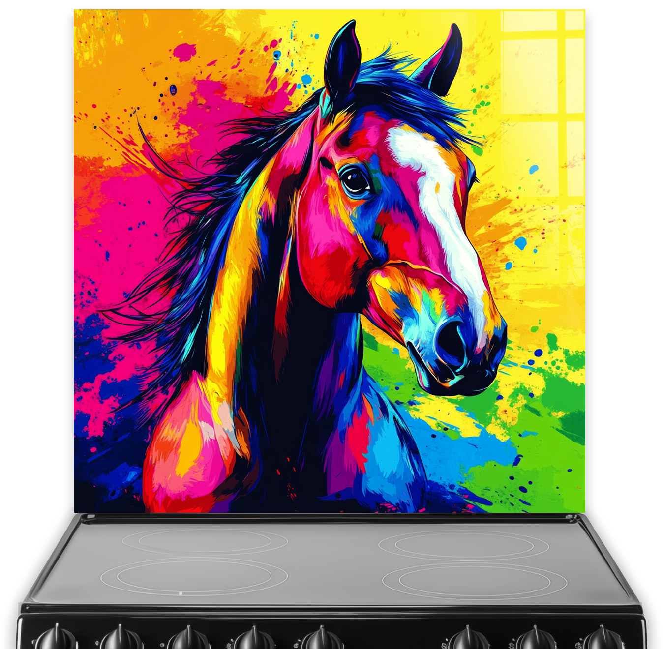 Colourful pop art horse splashback with bold vibrant background