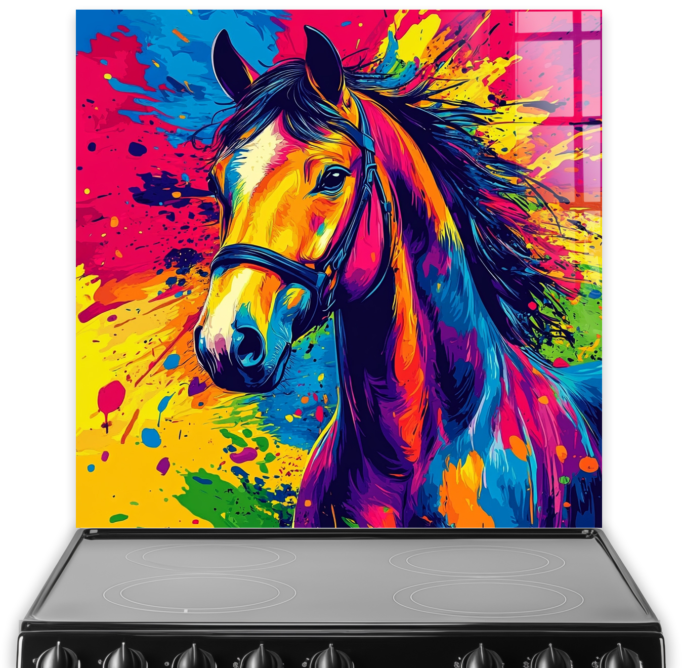 Colourful pop-art style horse splashback with vibrant paint splashes
