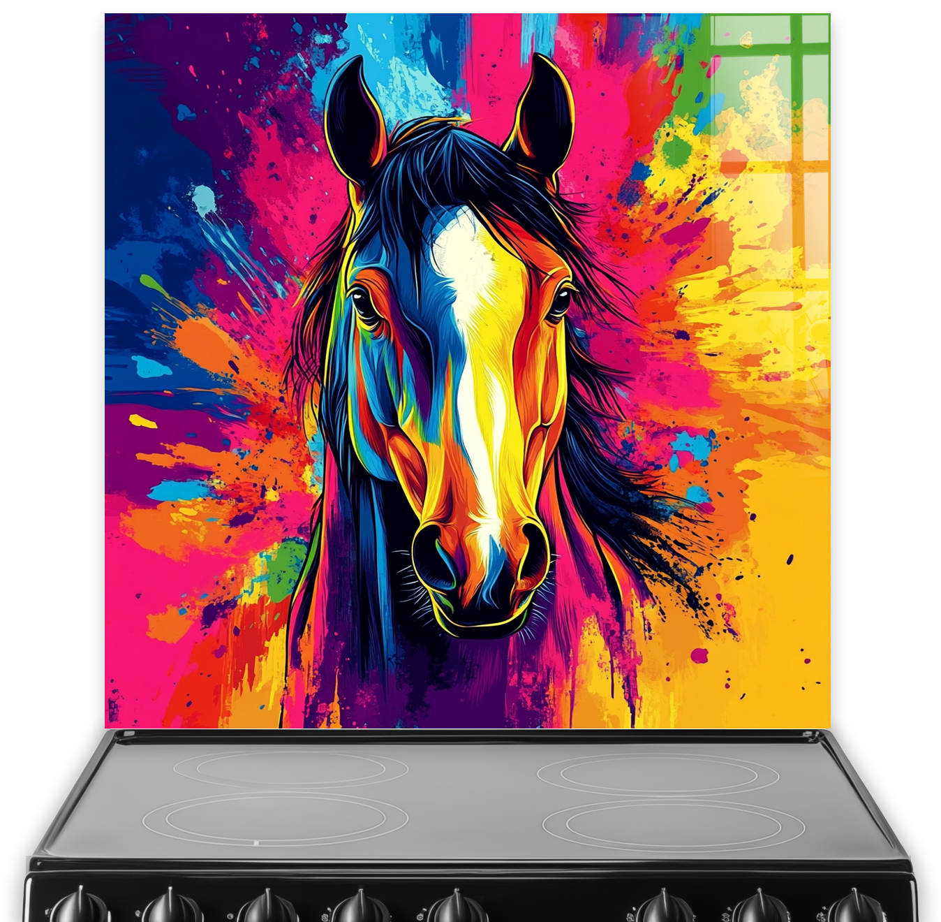 Colourful horse splashback in a vibrant pop-art style with bold paint splashes