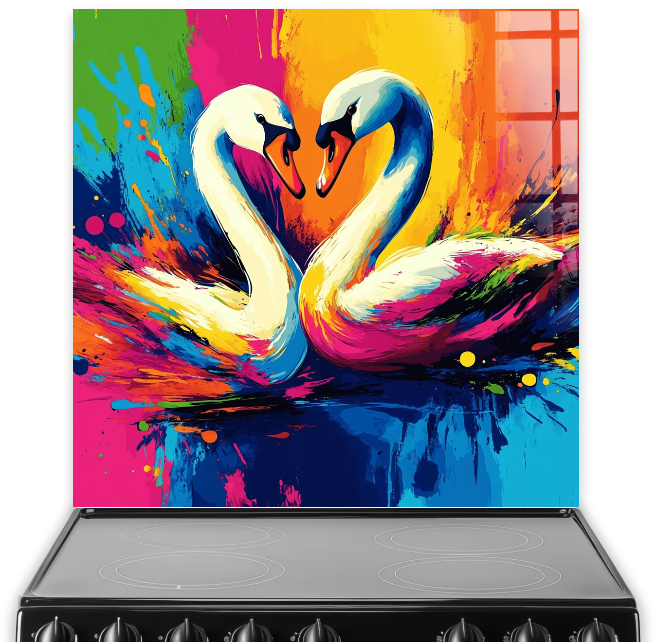 Colourful swans printed splashback with abstract vibrant background