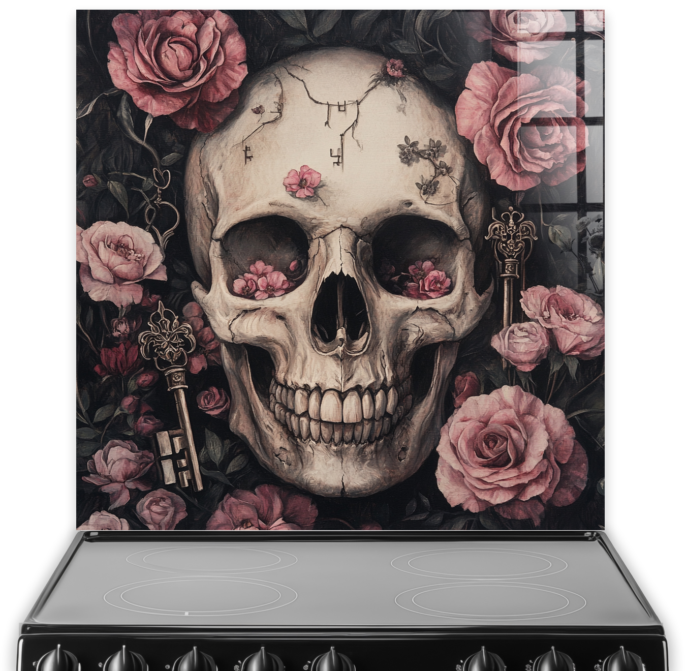 Dark floral and skull Gothic splashback with keys and roses