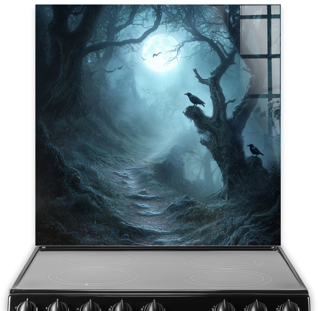 Gothic printed splashback with spooky moonlit forest and crows