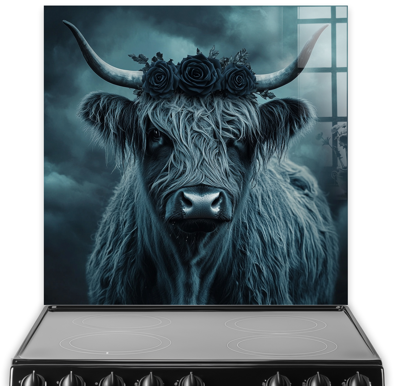 Gothic printed splashback featuring Highland cow with black rose crown in moody blue and grey tones