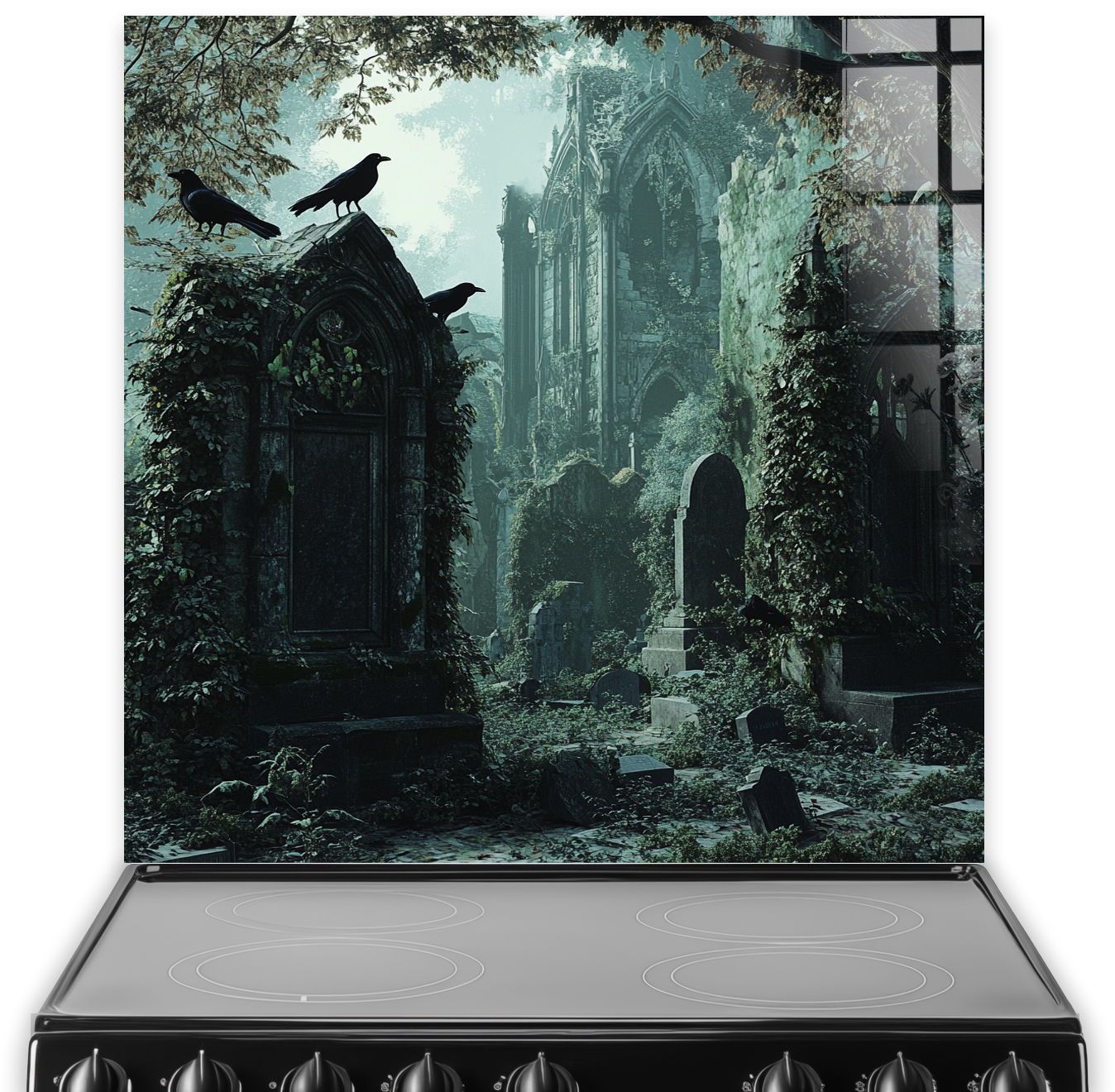 Gothic printed splashback featuring ivy-covered ruins and ravens in moody green-grey tones