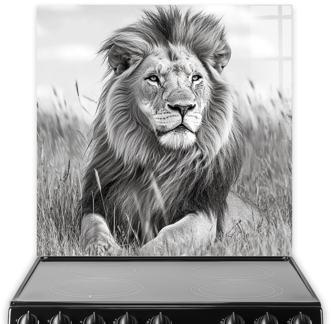 Black and white lion design printed on premium glass splashback