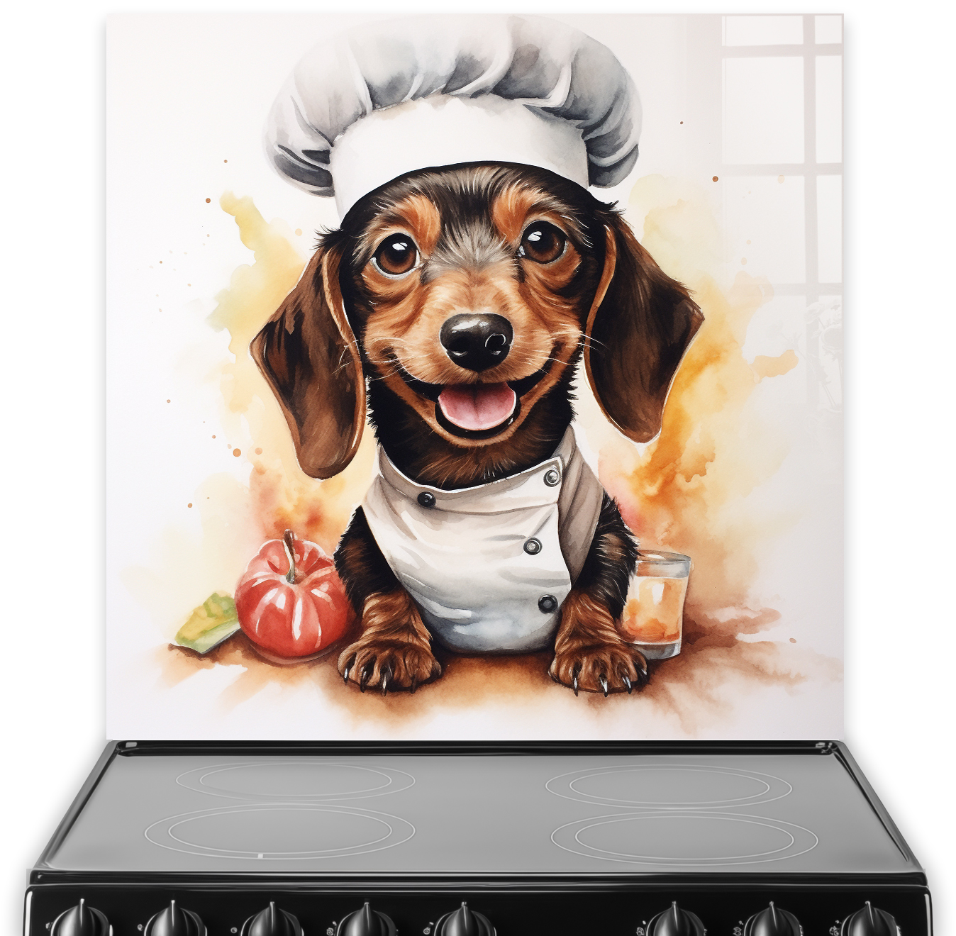 Cute Dachshund Chef splashback with food illustration in watercolour style
