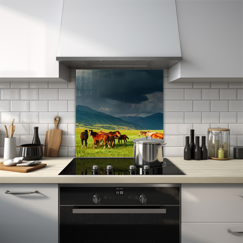 Horses on a field with stormy mountains glass splashback.