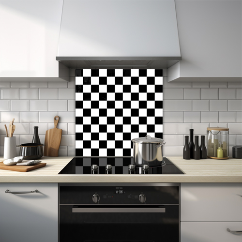 Black and white chequered board pattern glass splashback.
