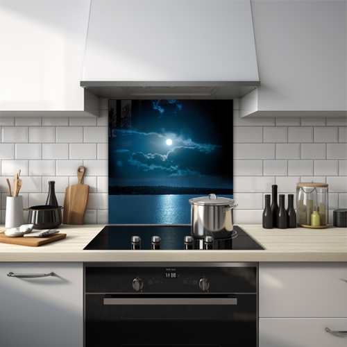 Full moon over a lake at night glass splashback.