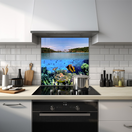 Underwater scene with tropical fish leading to an ocean view with a tropical island glass splashback.