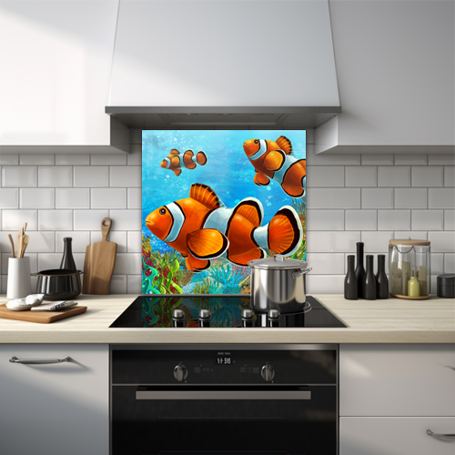 Cartoon image of a family of coral fish glass splashback.