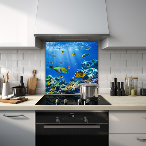Colourful coral reef underwater scene with parrotfish and butterfly fish glass splashback.