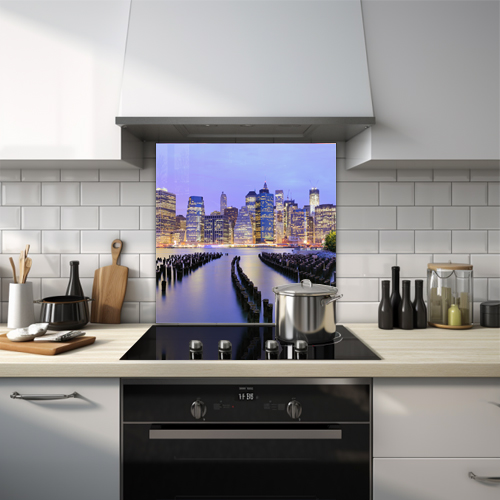 Brooklyn skinline lake view at night glass splashback.