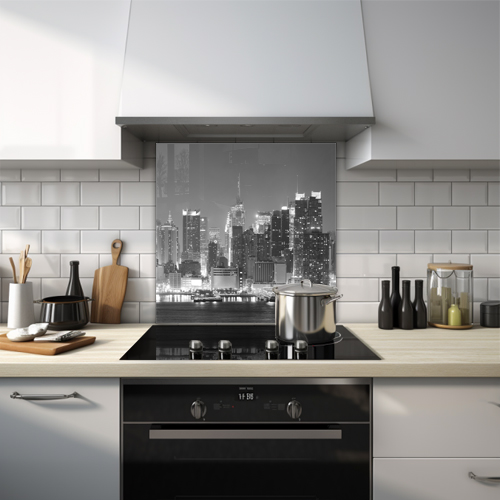 New York Sky Line in black and white at night glass splashback.