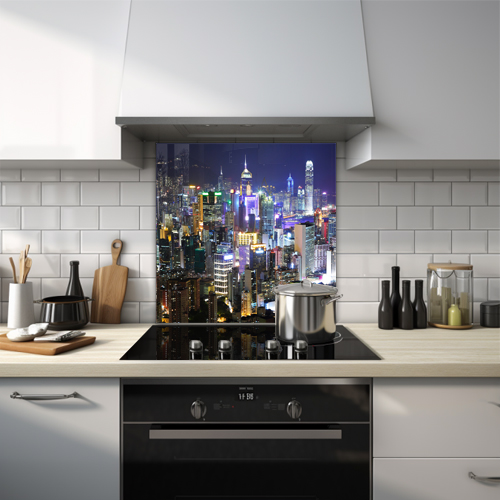 Hong Kong skyline illuminated at night glass splashback.