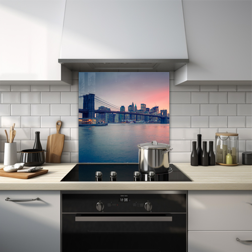 Brooklyn Bridge with dawn skyline and red sky glass splashback.